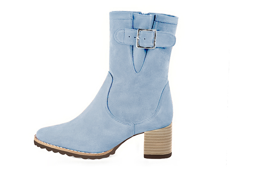Sky blue women's ankle boots with buckles on the sides. Round toe. Medium block heels. Profile view - Florence KOOIJMAN